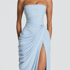 Aurelia Draped Maxi Dress in Light Blue full length - Maeve & Erin Dublin