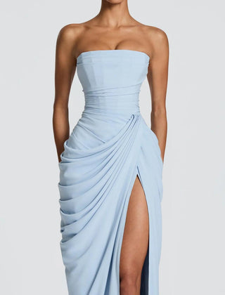 Aurelia Draped Maxi Dress in Light Blue full length - Maeve & Erin Dublin
