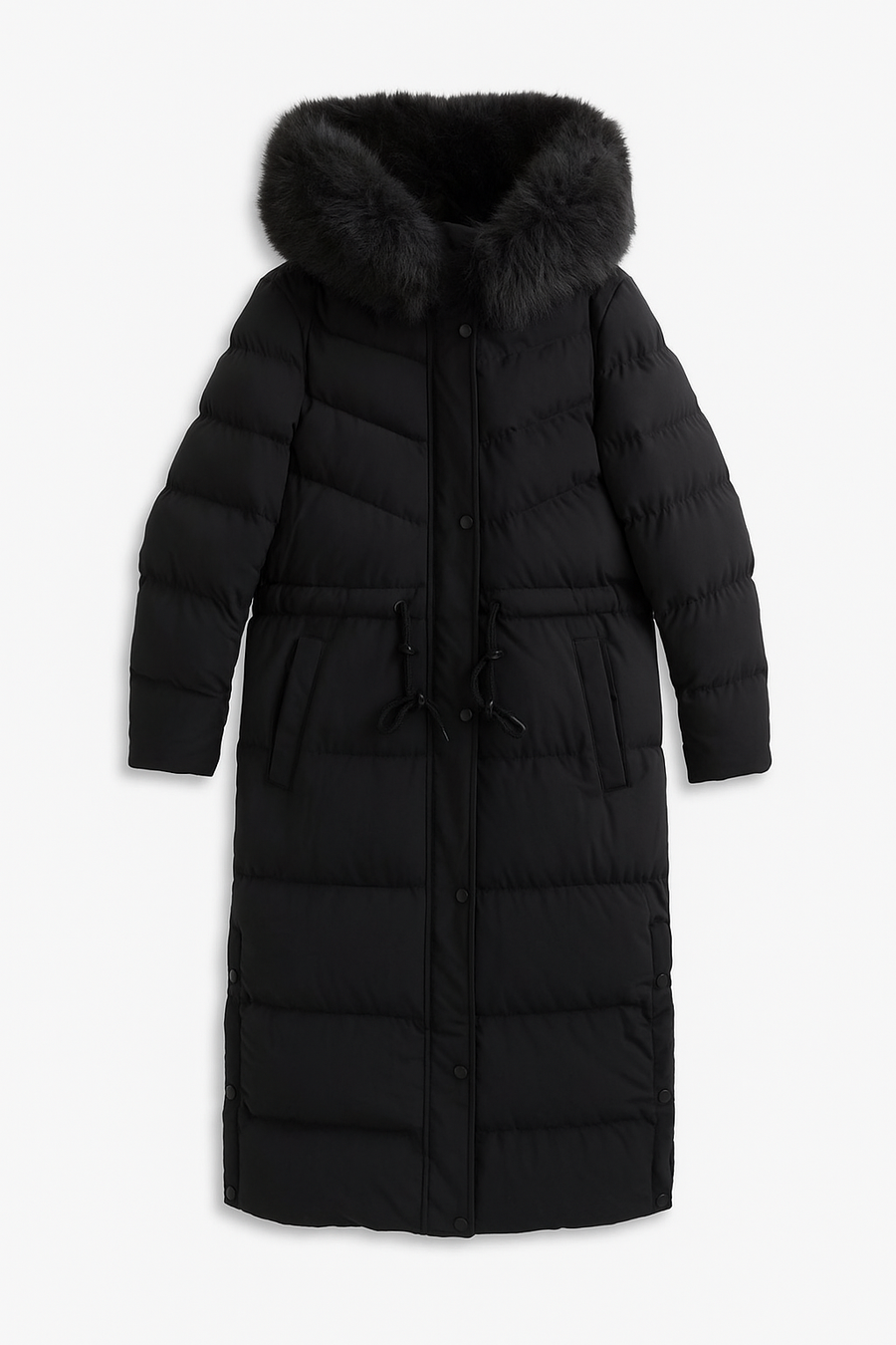 Longline drawstring puffer coat in Black